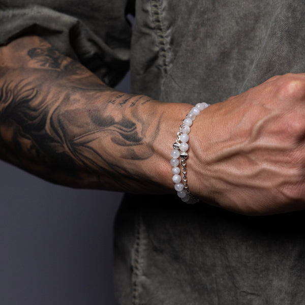 Calm of the Moon Moonstone beaded bracelet with 925 sterling silver chain worn on wrist