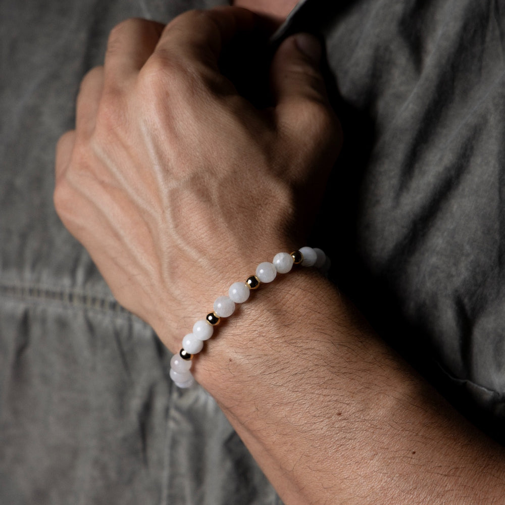 Calm of the Moon Moonstone beaded bracelet with 18K gold accents worn on wrist